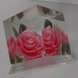 hand crafted rose in leucite cube paperweight